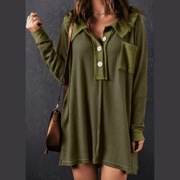 Vernee Green Waffle Knit Buttoned Long Sleeve Top