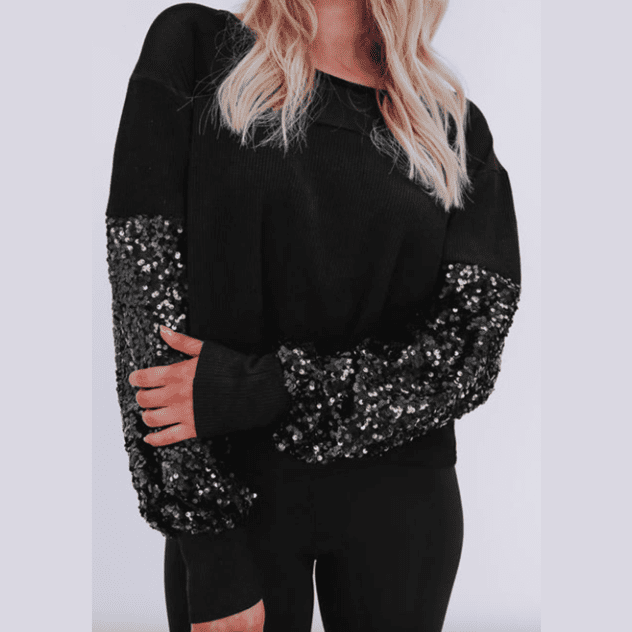 Reenie Black Sequin Patchwork Lantern Sleeve Blouse