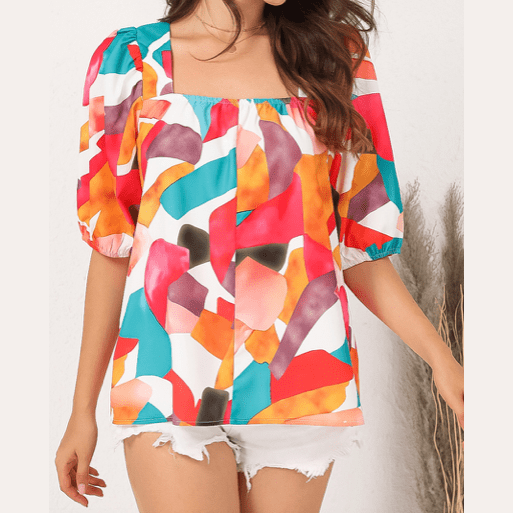 Adah Multicolor Square Neck Abstract Print Short Sleeve Blouse