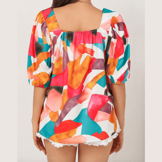 Adah Multicolor Square Neck Abstract Print Short Sleeve Blouse