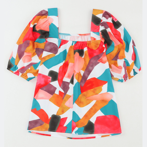 Adah Multicolor Square Neck Abstract Print Short Sleeve Blouse