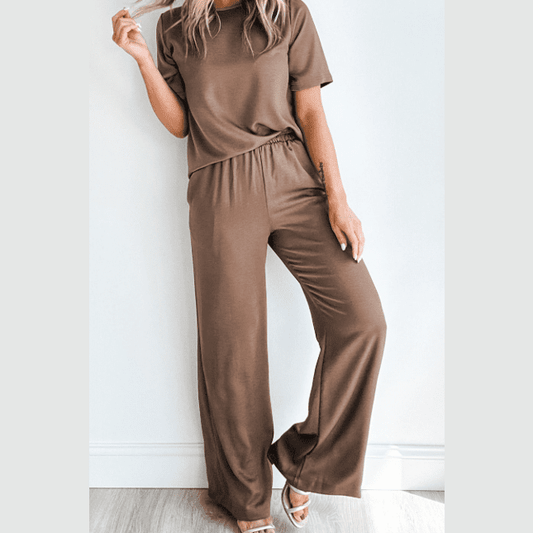 Brielle Brown 2 Pc. T Shirt Wide Leg Pants Set