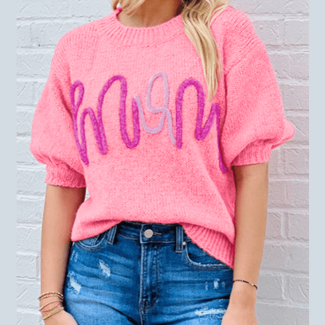 Bonbon Pink Mom Tinsel Front Short Sleeve Sweater