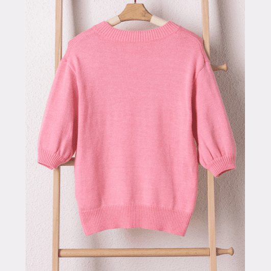 Bonbon Pink Mom Tinsel Front Short Sleeve Sweater