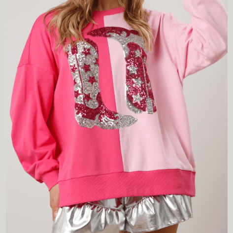 Pink Color Block Sequined Cowgirl Boots Graphic Sweatshirt