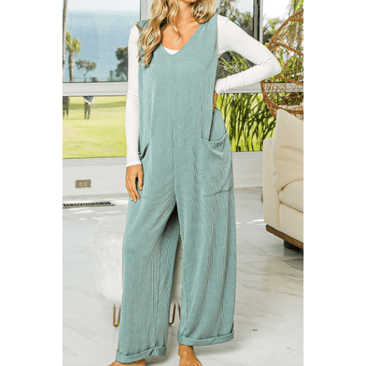 Juliza Moonlight Jade Corded Tie Straps V Neck Wide Leg Jumpsuit