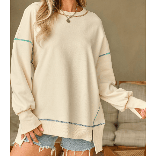 Nessie White Contrast Stitching Split Baggy Sweatshirt