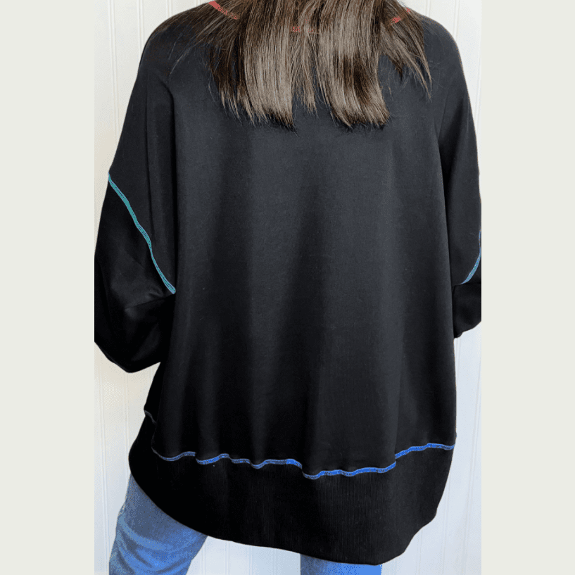 Nessie Black Contrast Stitching Split Baggy Sweatshirt