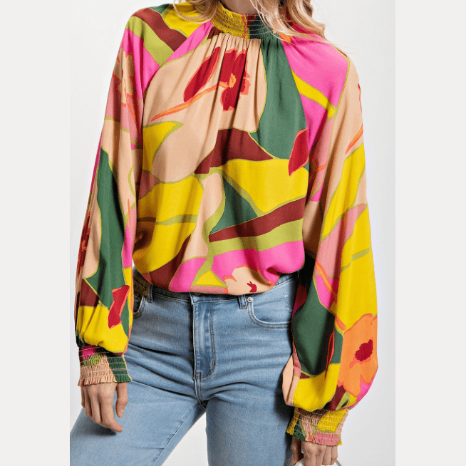 Kally Multicolor Floral Print Smocked Hem Stand Neck Blouse