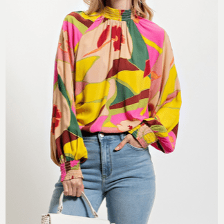 Kally Multicolor Floral Print Smocked Hem Stand Neck Blouse