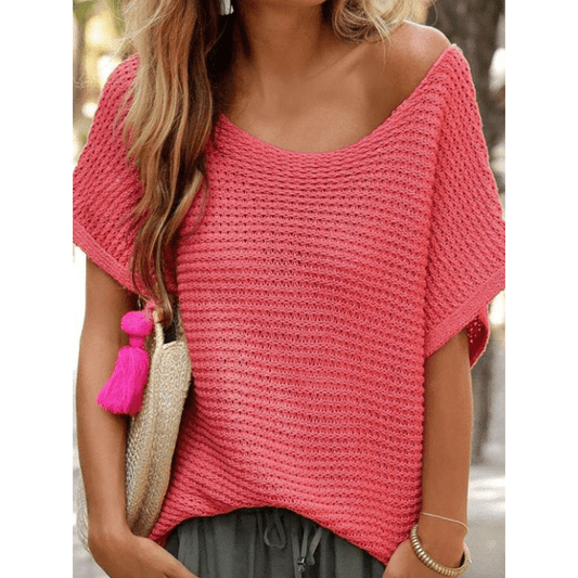 Erina Red Clay Solid Loose Knit Short Dolman Sleeve Sweater