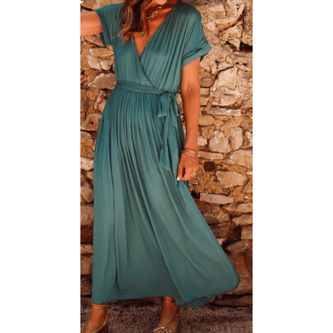 Tennisha Green V Neck Wrap Pleated Short Sleeve Maxi Dress