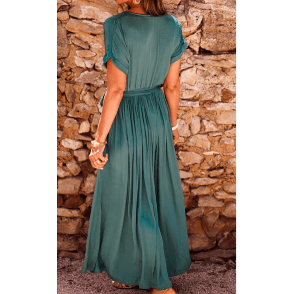 Tennisha Green V Neck Wrap Pleated Short Sleeve Maxi Dress