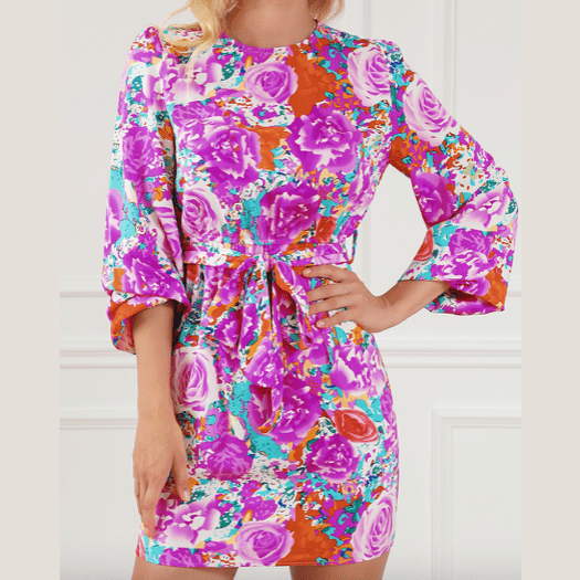 Lainie Purple Floral Keyhole Back Long Sleeve Belted Dress