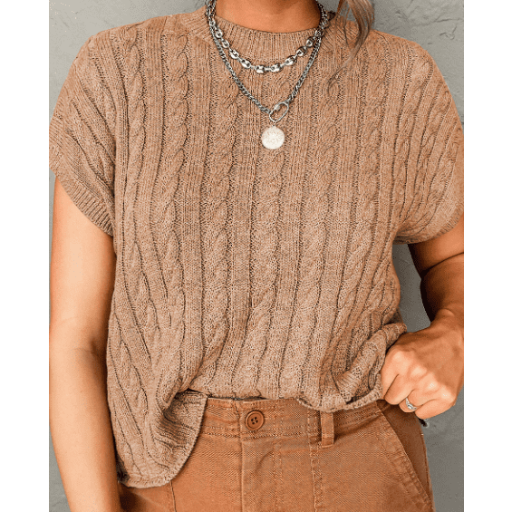 Chelsea French Beige Crew Neck Cable Knit Short Sleeve Sweater