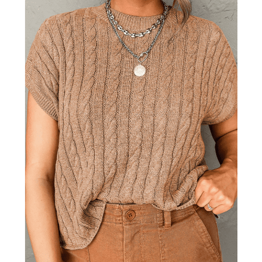 Chelsea French Beige Crew Neck Cable Knit Short Sleeve Sweater