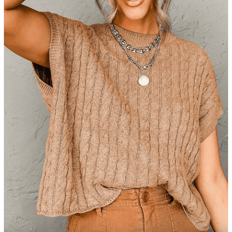 Chelsea French Beige Crew Neck Cable Knit Short Sleeve Sweater