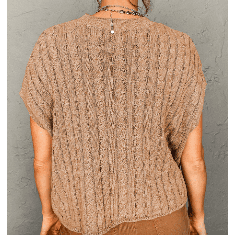 Chelsea French Beige Crew Neck Cable Knit Short Sleeve Sweater