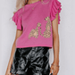REDUCED!!!  Devyn Pink Leopard Ruffled Sleeve Round Neck Knit Sweater REDUCED!!!