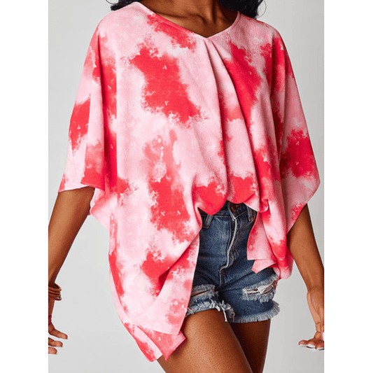 Summer Red PLUS SIZE Tie-dye Print 3/4 Sleeve Tunic Top