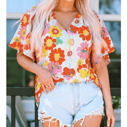 Seanna Orange Floral Print V Neck Half Sleeve Blouse