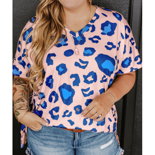 Leondra Pink Leopard Print V Neck PLUS SIZE Tee