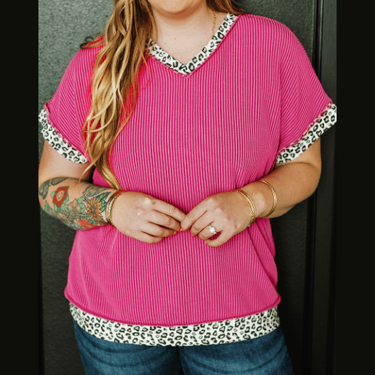 Rowan Leopard Trim V Neck Short Sleeve PLUS SIZE Corded Top