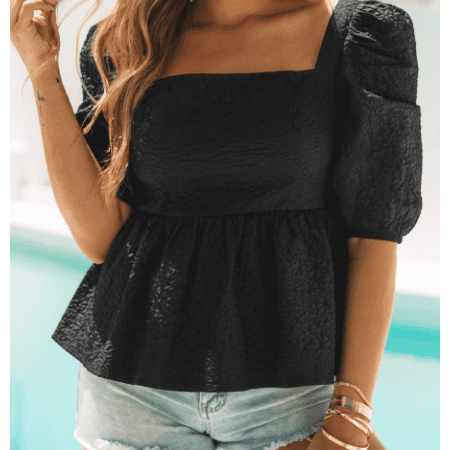 Gracen Black Textured Square Neck Puff Sleeve Peplum Blouse