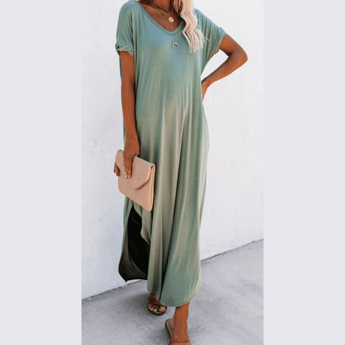 Stevie Grass Green V Neck Hidden Pocket Splits Maxi T-shirt Dress