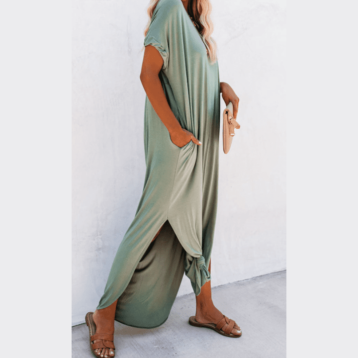 Stevie Grass Green V Neck Hidden Pocket Splits Maxi T-shirt Dress