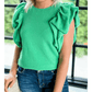 Jaycee Green Ribbed Knit Puffy Ruffle Sleeve Blouse