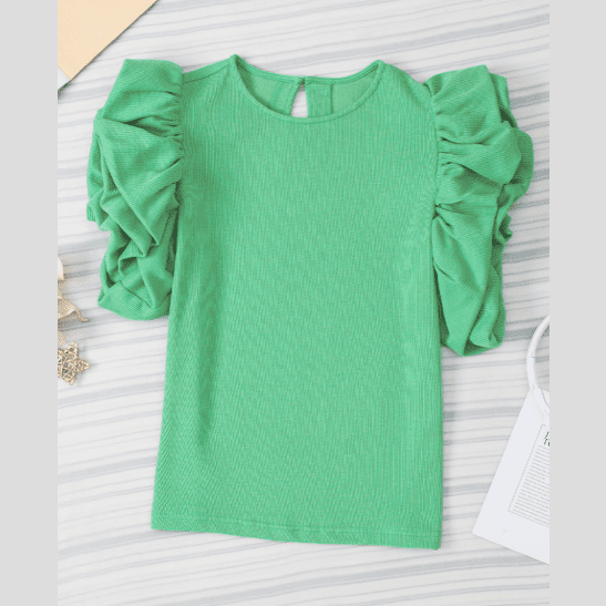 Jaycee Green Ribbed Knit Puffy Ruffle Sleeve Blouse