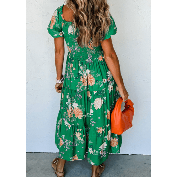 Kimber Green Floral Print Bubble Sleeve Smocked Tiered Midi Dress