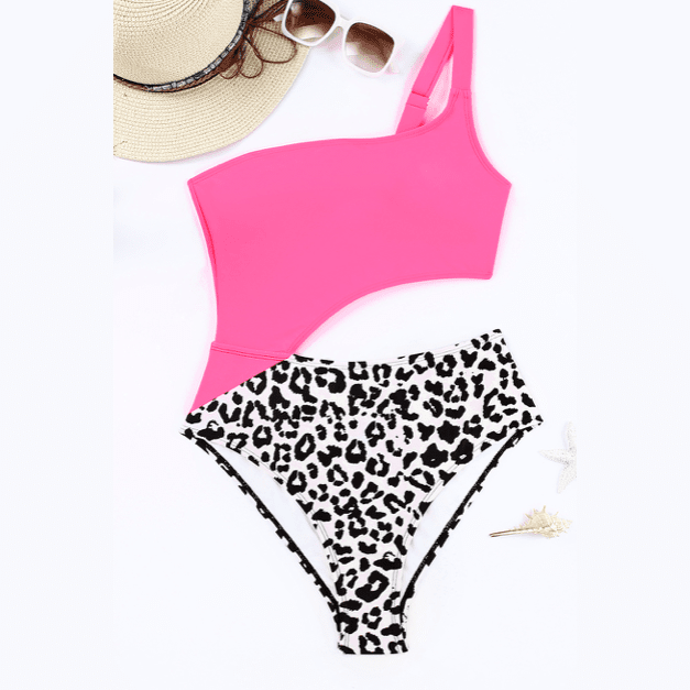 Rosie Leopard Patchwork Asymmetric Cutout One Piece Swimsuit