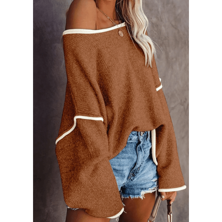 DESTASH Ramona Loose-Fit Brown Knit Sweater W/ Contrasting Borders