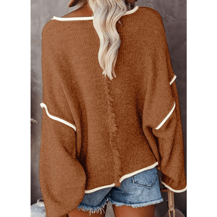 DESTASH Ramona Loose-Fit Brown Knit Sweater W/ Contrasting Borders