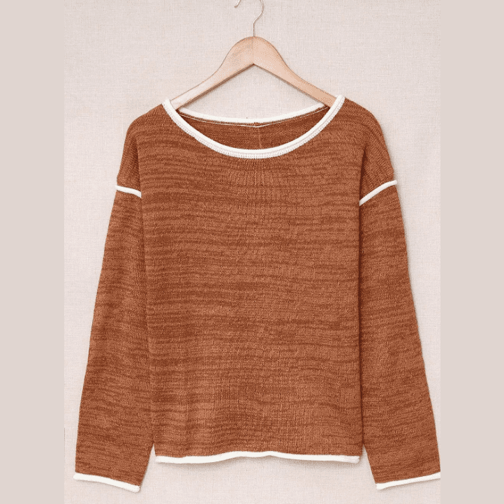 DESTASH Ramona Loose-Fit Brown Knit Sweater W/ Contrasting Borders