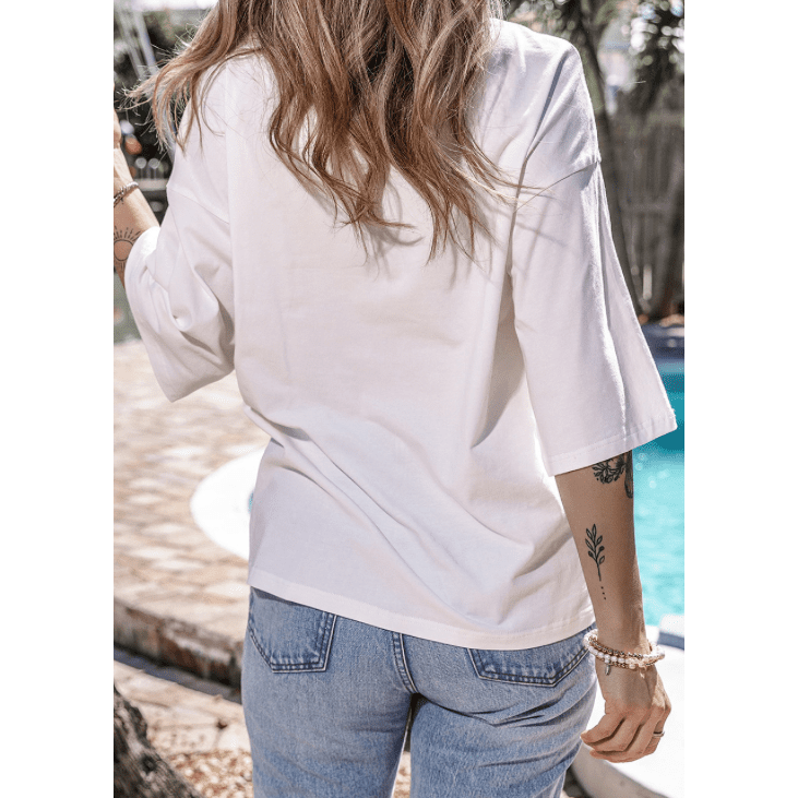 Joan White Colorblock Star Patched Half Sleeve Oversized Tee