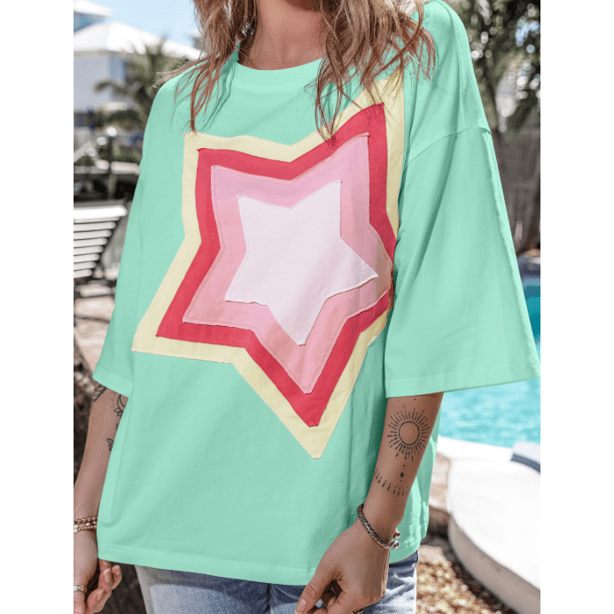 Joan Green Colorblock Star Patched Half Sleeve Oversized Tee