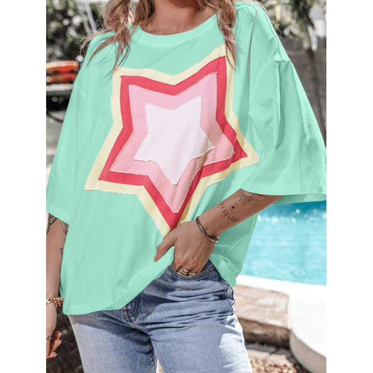 Joan Green Colorblock Star Patched Half Sleeve Oversized Tee