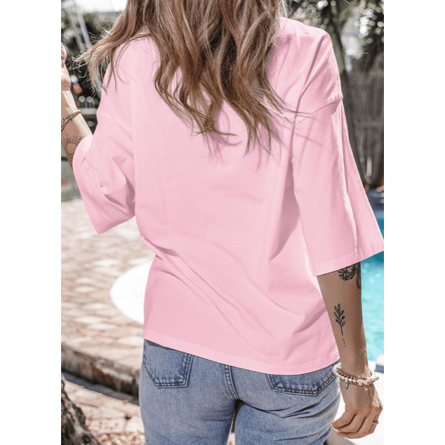 Joan Light Pink Colorblock Star Patched Half Sleeve Oversized Tee