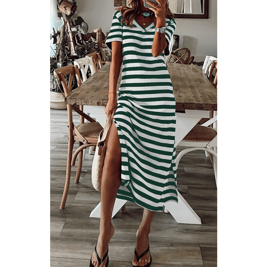 DESTASH Anya Green Stripe Print V Neck Maxi Dress with Side Splits