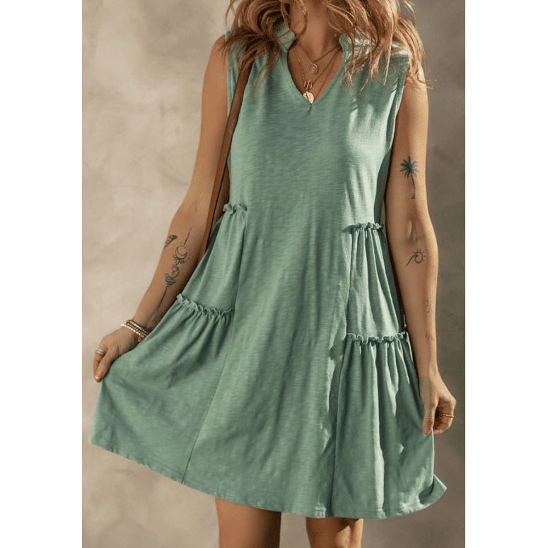 Laura Moonlight Jade Split V Neck Tiered Flowy Sleeveless Dress