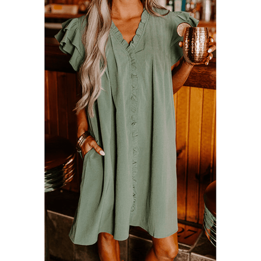 Silvi Mist Green Ruffle Sleeve V Neck Frilled Shift Dress