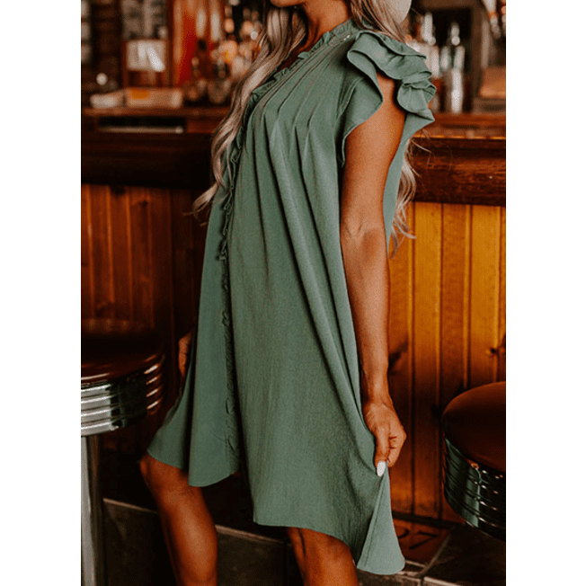 Silvi Mist Green Ruffle Sleeve V Neck Frilled Shift Dress