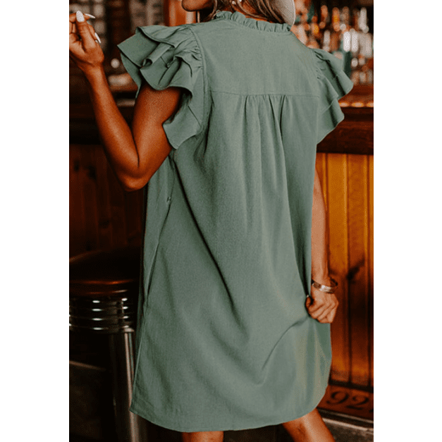 Silvi Mist Green Ruffle Sleeve V Neck Frilled Shift Dress