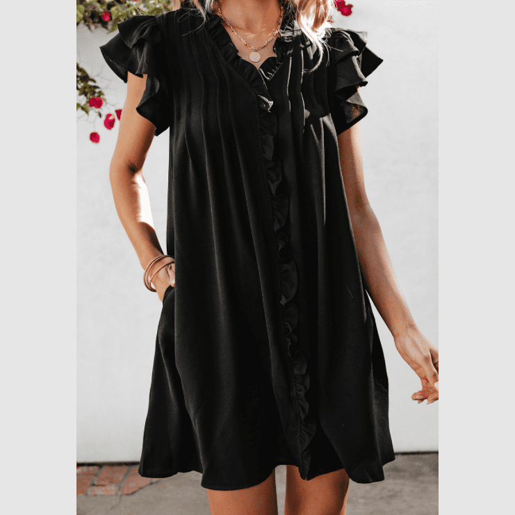 Silvi Black Ruffle Sleeve V Neck Frilled Shift Dress