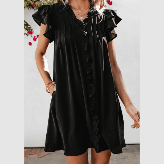 Silvi Black Ruffle Sleeve V Neck Frilled Shift Dress