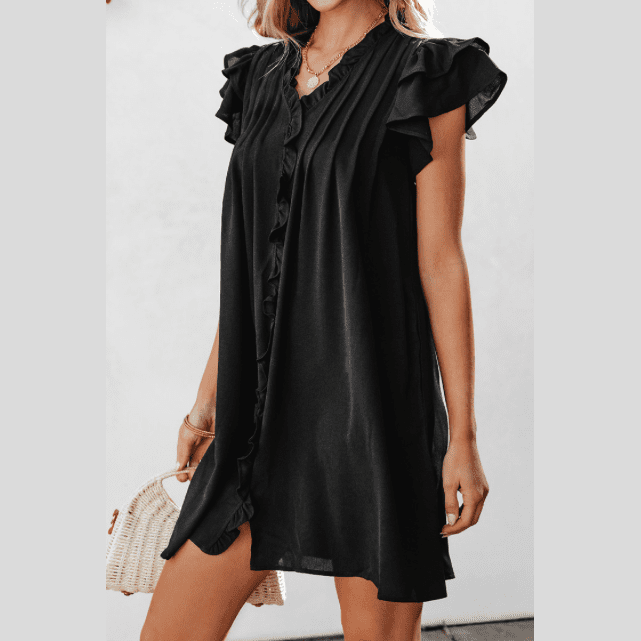 Silvi Black Ruffle Sleeve V Neck Frilled Shift Dress