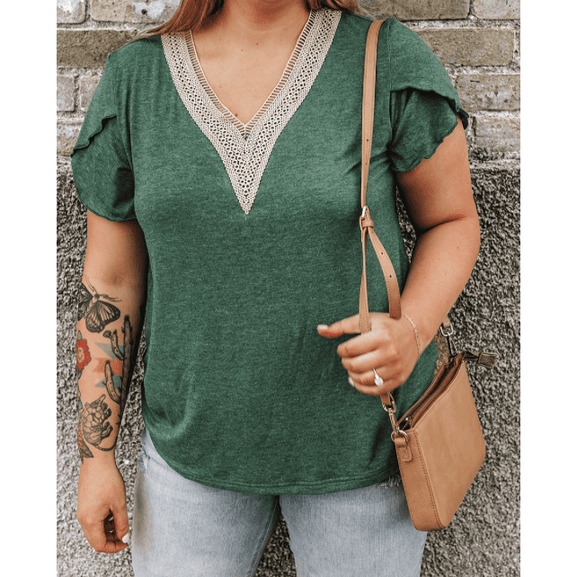 Katrina Green PLUS SIZE Embroidery V Neck Draped Sleeve Blouse